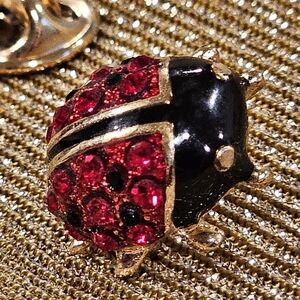 Vintage Tiny Red Rhinestone Enamel Ladybug Pin Brooch, Gold Tone, Size 0.5"